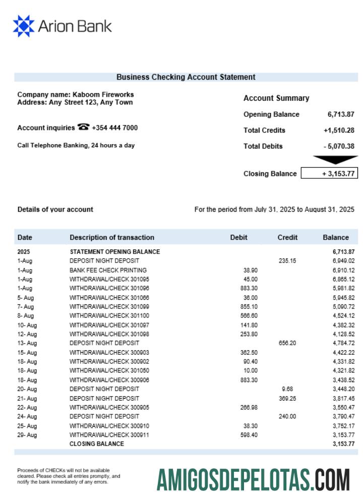 Modelo de declaração de verificação de organização empresarial do Arion Bank em formato Word e PDF